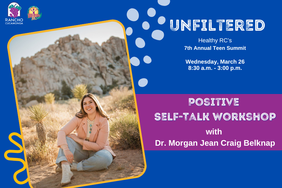 Dr. Morgan a white woman sitting in desert promoting March 26 Teen Summit workshop on positive self talk