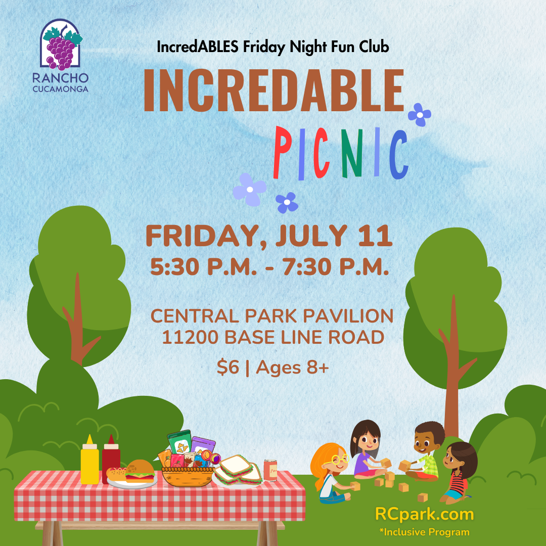 Cartoon outdoor park scenery background. Included is a picnic table with various snacks, sandwiches, and checkered red and white tablecloth. Four kids playing blocks on the grass. Black, Brown and multi-colored text that reads "IncredABLES Friday Night Fun Club. IncredABLES Picnic, Friday, July 11. 5:30 p.m. to 7:30 p.m. Central Park Pavilion 11200 Base Line Road. $6 for Ages 8+