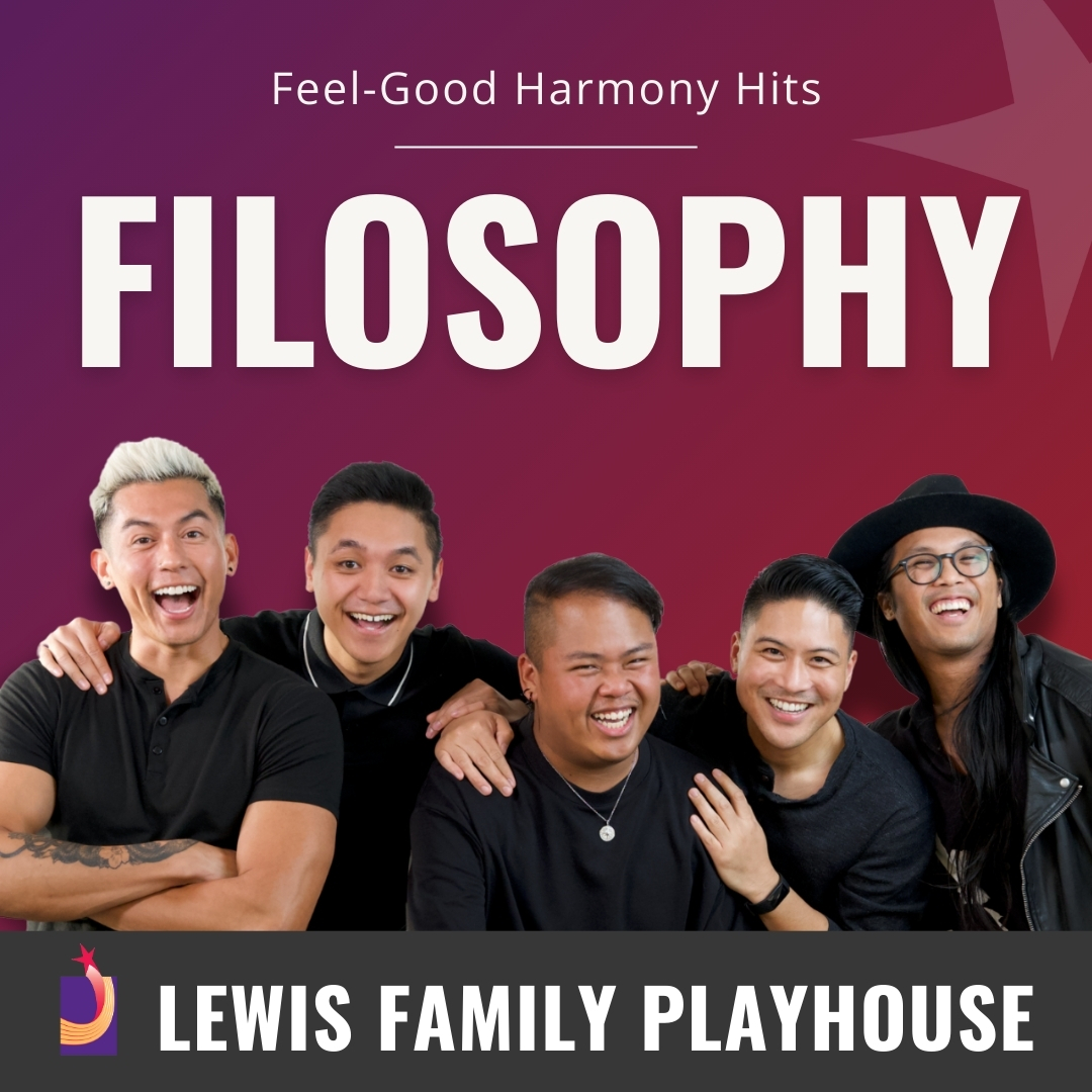 Five men in black outfits with excited faces. Feel-Good Harmony Hits. Filosophy. Lewis Family Playhouse footer.
