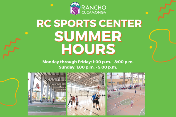 RC Sports Center Summer Hours. Monday through Friday: 1:00 p.m. - 8:00 p.m. Sunday: 1:00 p.m. - 5:00 p.m. Green background with orange and yellow decorative designs. 