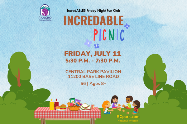 IncredABLES Picnic. Outdoors cartoon drawing with children playing by the picnic blanket and basket.