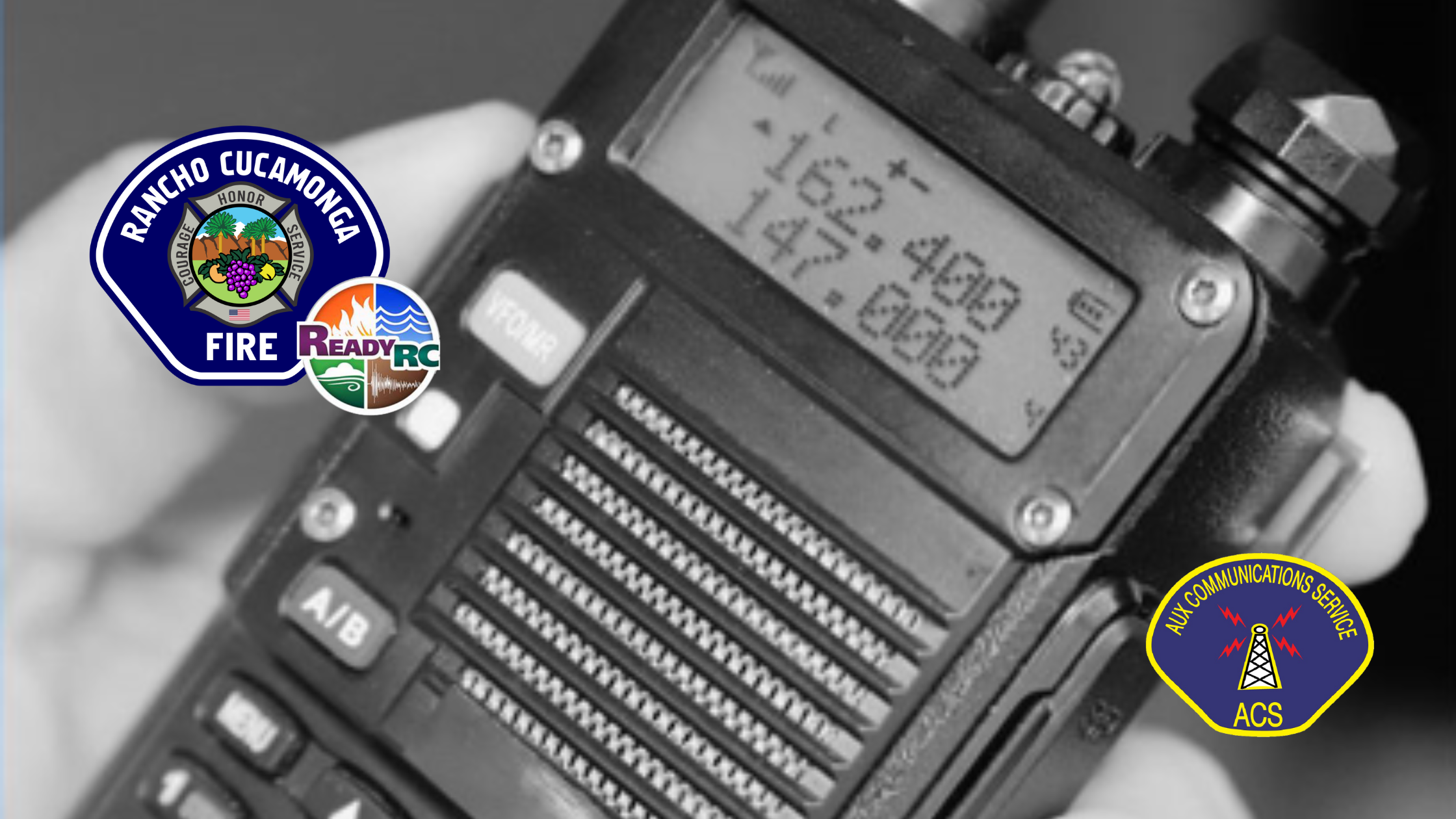 Image of Radio, Rancho Cucamonga Fire District ReadyRC patch and Auxiliary Communication Services Patch