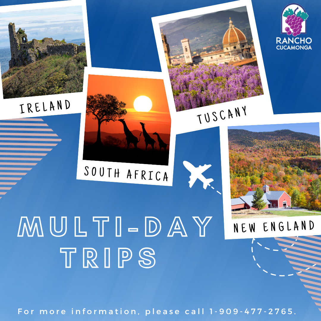Blue background with an airplane icon and polaroid pictures of Ireland, South Africa, Tuscany, New England. Including a white text that reads "Multi-Day Trips. For more information, please call 1-909-477-2765."