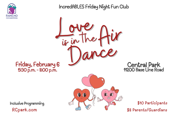 FNFC Love is in the Air. Image: white background with two hearts with faces, arms and legs holding hands.  