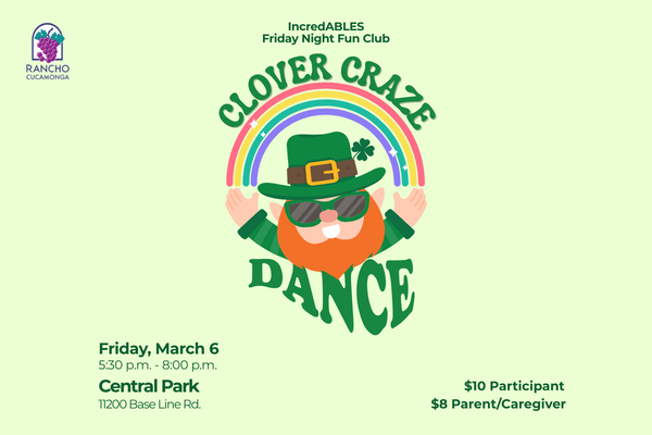 Friday Night Fun Club CLover Craze Dance. Image: Green background, Leprechaun with a rainbow coming out of its hands.