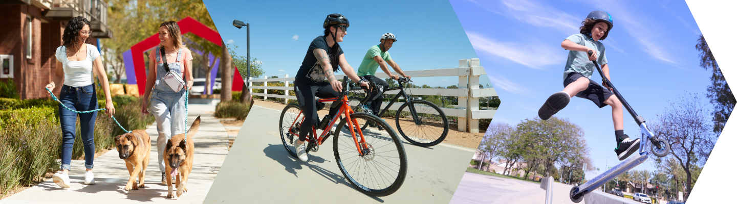 People on bikes, people walking on side walk