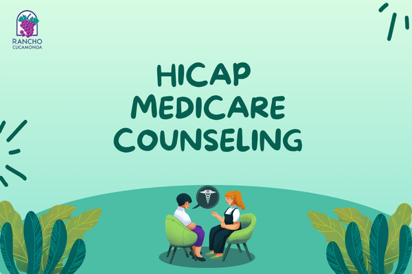 Two people sitting in chairs and talking, with a speech bubble above them showing a profile of a face speaking. Rancho Cucamonga logo featuring a bunch of purple grapes and green leaves inside an archway. A cluster of green leaves.