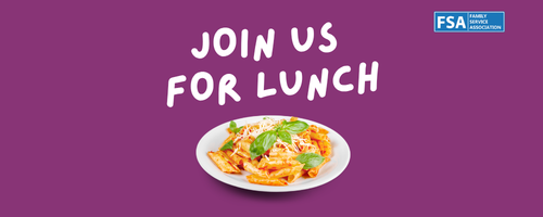 Text: Join us for lunch. Purple Background, The logo for the FSA, which stands for Farm Service Agency. Penne pasta with a red sauce and topped with grated cheese and fresh basil leaves on a white plate. 
