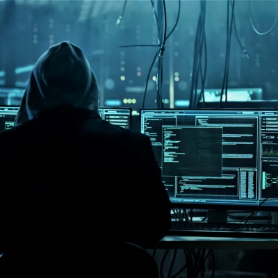 Person in black jacket sitting in front of a computer coding