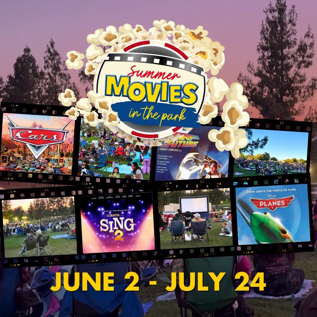 Poster for a Summer Movies in the Park series with film stills, popcorn graphics, and dates June 2–July 24.