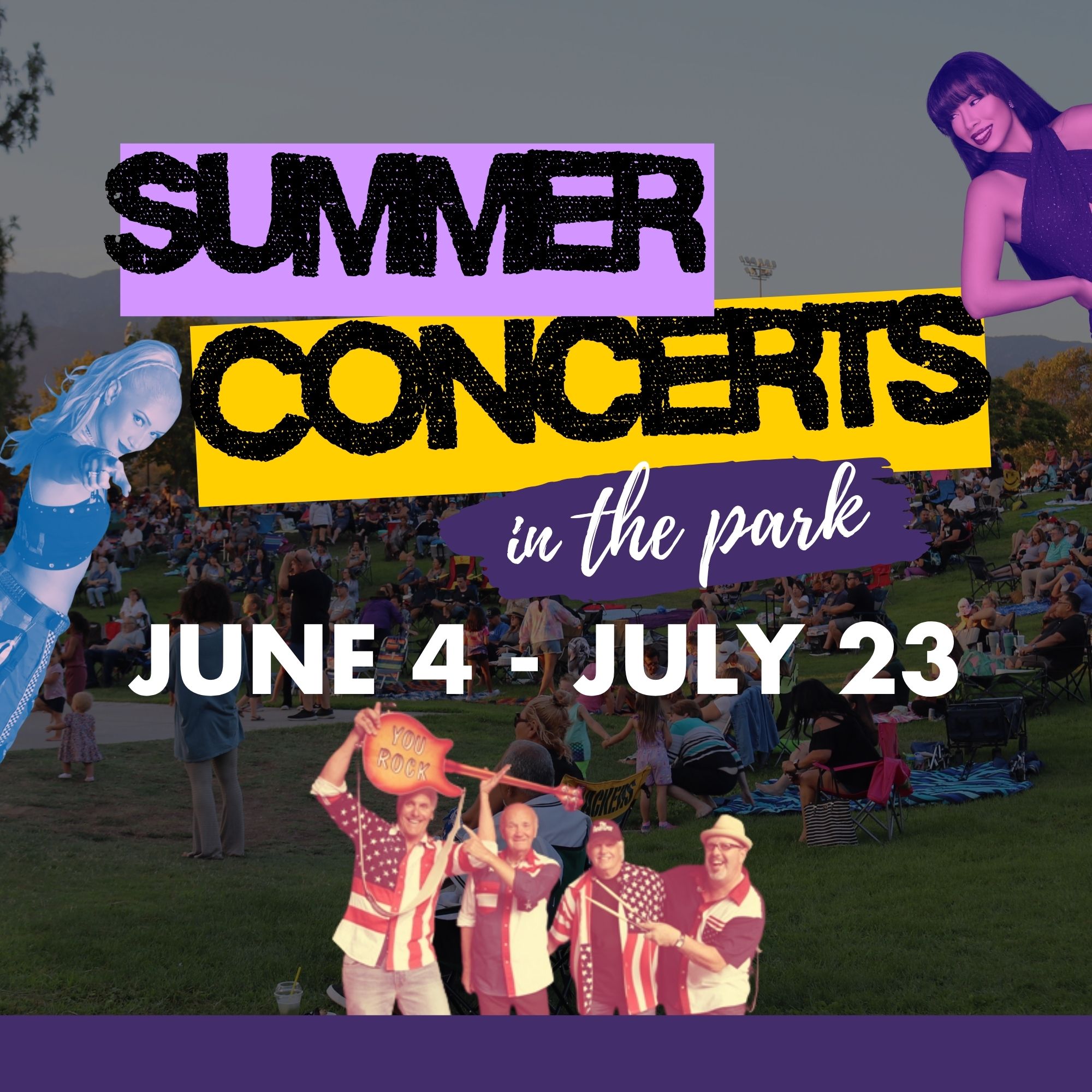 Graphic promoting Summer Concerts in the Park with event dates June 4–July 23 over a background of a park crowd and performers.
