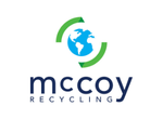 Logo with a blue and white globe in the center, surrounded by two green curved arrows forming a circular motion. Below the globe is the word 'mccoy' in lowercase dark blue letters, with the word 'RECYCLING' in smaller uppercase letters underneath.