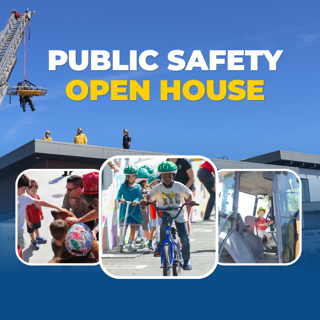 Promotional graphic for a Public Safety Open House. Large white and yellow text reads, "Public Safety Open House," against a blue sky background. A fire department ladder extends from the upper left corner with a firefighter suspended in a rescue basket. Three public safety personnel stand on a rooftop below. Along the bottom are three rounded photos: a firefighter interacting with children, children riding bicycles while wearing helmets on a safety course, and a child seated inside the cab of a public work