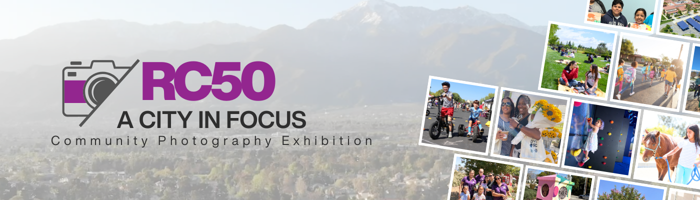 RC50: A City in Focus Community Photography Exhibition banner with a collage of community photographs.