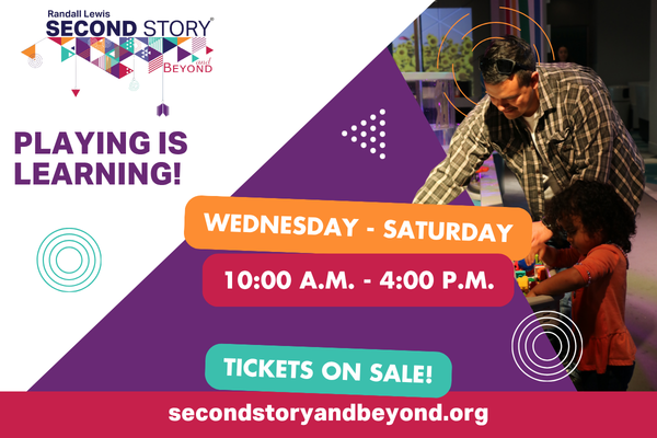 Second Story and Beyond graphic with hours (Wed-Sat 10am-4pm) and website (secondstoryandbeyond.org)