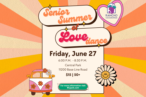 70s theme graphic with pastel colors sun rays' background. Lower left corner: A Volkswagen Bus. Lower right corner: A daisy flower with a smiley face. Center: A pink, red, and brown text "Senior Summer of Love Dance. Friday, June 27. 6:00 P.M. to 8:30 P.M. Central Park, 11200 Base Line Road. $15 per person and age 50+ For more information, visit RCpark.com