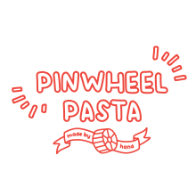 Pinwheel Pasta company logo. With Red text and red pasta image along "made by hand."