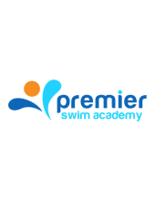 Light blue, dark blue, orange colors. Image of water splash. Premier Swim Academy.
