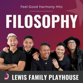 Five men in black outfits with excited faces. Feel-Good Harmony Hits. Filosophy. Lewis Family Playhouse footer.