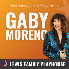 Woman with curly hair wearing a blue blazer. Three-Time Grammy Award Winner Gaby Moreno. Lewis Family Playhouse footer.