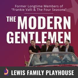 Four men sitting on top of the seats of an open roof convertible vehicle. Former Longtime Members of "Frankie Vallie and The Four Seasons". The Modern Gentlemen. Lewis Family Playhouse Footer.