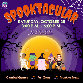 Spooktacular Saturday,  October 25. 3:00 p.m. to 6:00 p.m. RC Sports Center 8303 Rochester Ave. Carnival Games, Fun Zone, Trunk or Treat. Purple background with yellow moon, spooky shaped trees. Upper right hand corner is a white spider web. Center graphic are cartoons of kids dressed as a mummy, Frankenstein, a ghost, a vampire, and a skeleton.   