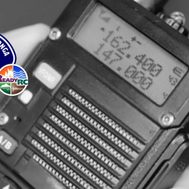 Image of Radio, Rancho Cucamonga Fire District ReadyRC patch and Auxiliary Communication Services Patch