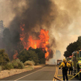 Three firefighter pictures with three brush engines preparing to fight a massive wildfire in the mountains