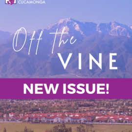 Illustration of the mountains and neighborhood with the text Off the Vine New Issue! on the front along with the City of Rancho Cucamonga logo with grapes and purple arch.