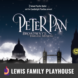 Promotional graphic for "Peter Pan the Musical." Text reads "Inland Pacific Ballet and the Candlelight Pavilion preset Peter Pan Broadway's Timeless Musical." The background displays the Westminister, London skyline at night with the Big Ben. Footer reads: "Lewis Family Playhouse"