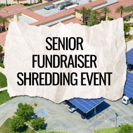 Aerial view of Central Park with solar panel carports in the foreground and a field in the background. A crumpled piece of light brown paper with torn edges. With words typed in "Senior Fundraiser Shredding Event."