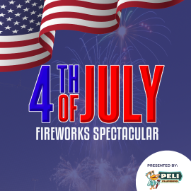 Patriotic promotional graphic for a “4th of July Fireworks Spectacular” event featuring large red, white, and blue text over a nighttime fireworks background, with a waving American flag displayed across the top of the image. The words "Presented By" are above an animated pelican dressed in Hawaiian themed clothes, holding a wrench, along with the text "Peli Plubming"