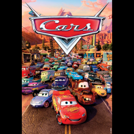 Movie poster for Disney and Pixar's Cars. The poster features Lightning McQueen, a bright red race car, in the foreground alongside Mater, a rusty tow truck, and many other animated vehicle characters from the film. The scene takes place on a road in the desert town of Radiator Springs, with colorful rock formations and a sunset sky in the background. The Cars logo appears prominently at the top of the poster. The image promotes the animated family film Cars.