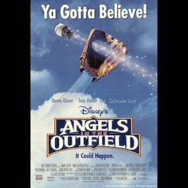 Movie poster for "Angels in the Outfield" featuring baseball glove and baseball. The background features a sky with clouds. 
