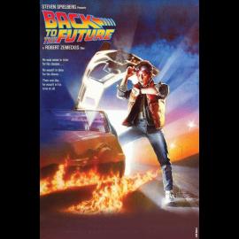 Movie poster for Back to the Future featuring tire tracks on fire and the main character stepping out of the DeLorean.