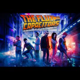 A futuristic band poster featuring 6 members posing in front of a futuristic city with neon colors. "The Flux Capcitors" in Back to the Future styled font.