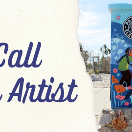 City of Rancho Cucamonga Call for Artist banner featuring a painted Pacific Electric Trail marker with a colorful mini mural depicting a child using a telescope.