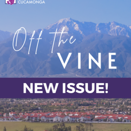 Illustration of the mountains and neighborhood with the text Off the Vine New Issue! on the front along with the City of Rancho Cucamonga logo with grapes and purple arch.
