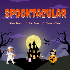 Spooktacular event graphic with a dark purple night sky, a large full moon, and a haunted house at the center. Silhouetted trees frame the scene, along with flying bats. Various illustrated children in costumes, including a mummy, a small creature, a ghost, a skeleton, and a pumpkin outfit, walk and stand in front of the haunted house. The top of the graphic has the word ‘Spooktacular’ in large orange letters with dripping effects, followed by smaller text reading ‘Silent Disco,’ ‘Fun Zone,’ and ‘Trunk or