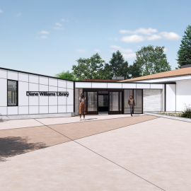 Rendering of the front of the Diane Williams Library building 