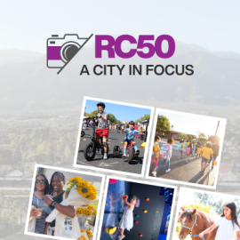 “Graphic with the text ‘RC50 – A City in Focus’ next to an illustrated camera icon. Below the text are five square photos showing community scenes: individuals riding bicycles and scooters on a street, individuals walking together during an outdoor event, two individuals posing with sunflowers, an individual climbing a colorful indoor rock wall, and an individual leading a horse for another individual. A mountain landscape is faintly visible in the background.”