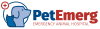 Pet Emergency Animal Hospital logo in blue and red lettering. Including an illustration icon of a cat and dog.