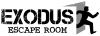 Black‑and‑gray graphic of 'Exodus Escape Room' with a stylized camera aperture symbol inside an angular, open‑book‑like shape of a person escaping a room.
