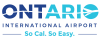 Ontario International Airport lofo in navy blue and teal colors with a plane flying through the letters. With So Cal, So Easy on the bottom.