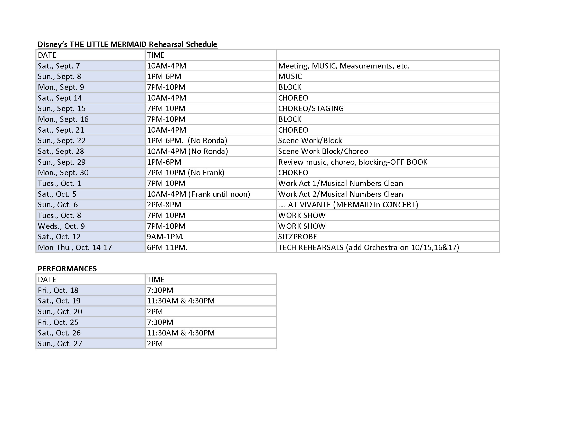 Disney’s THE LITTLE MERMAID Rehearsal Schedule