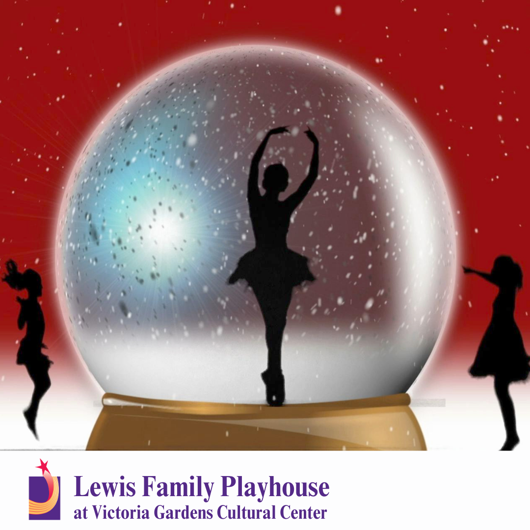 Silhouette of a Ballerina dancing in a snow globe surrounded by two jumping girls