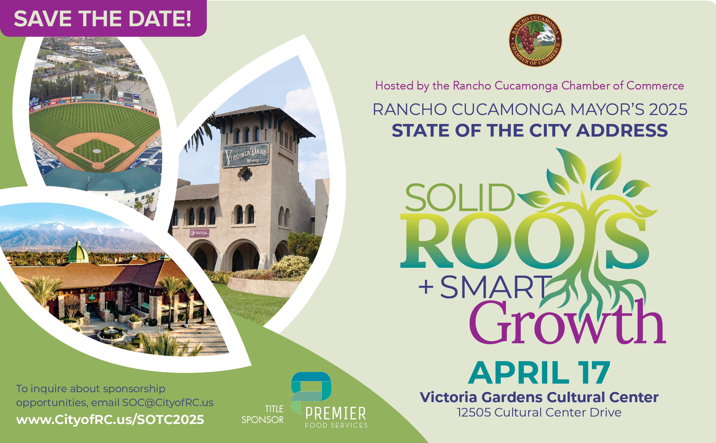 Mayor's State of the City Address save the date graphic with images of San Antonio Medical Building, Quakes Stadium and Thomas Winery building