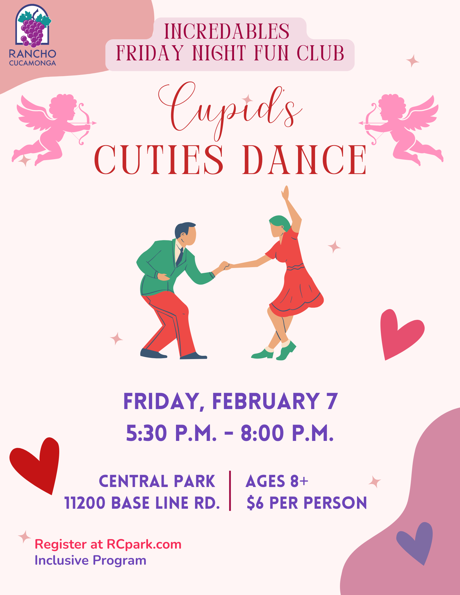 Pink and Purple flyer for Valentines Dance for Inclusive Program