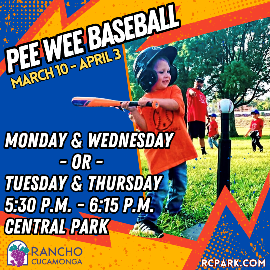 Colorful graphic, pee wee baseball, meetup information