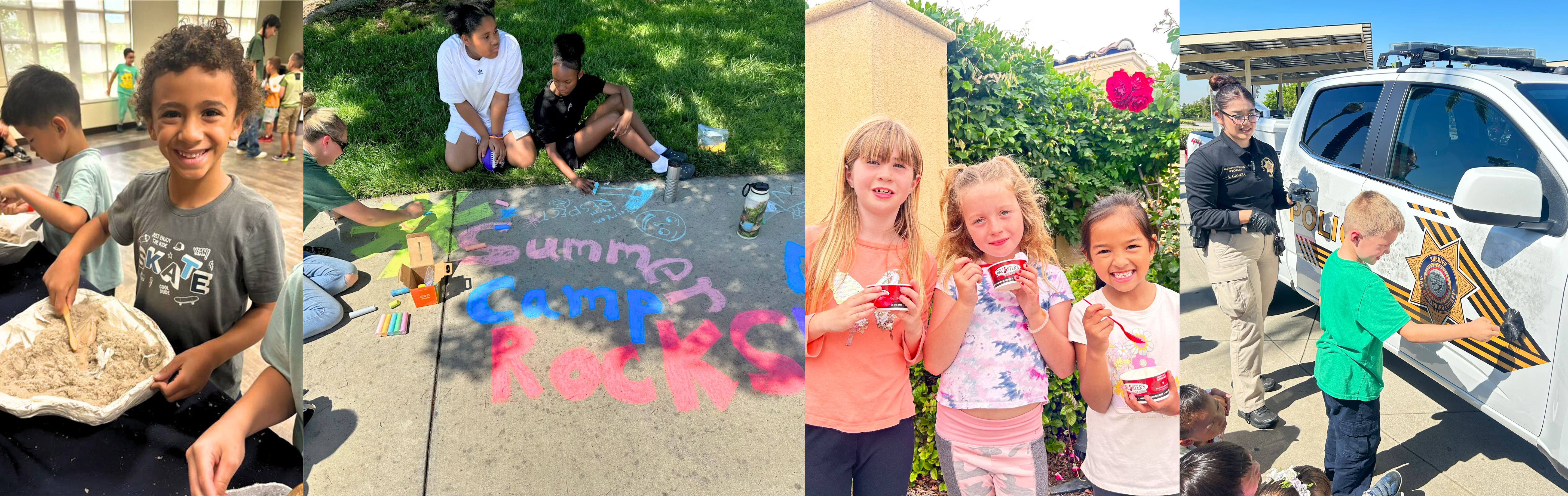 A total of 4 photos of children enjoying summer camp. First photo is a boy smiling while excavating for fossils. Second photo is with a camp leader with two girls drawing on the sidewalk with chalk. In chalk the writing reads "Summer Camp Rocks". Third photo is 3 young girls smiling and enjoy their ice cream. Fourth photo is a young boy participating in a demonstration with a police officer and a police car.